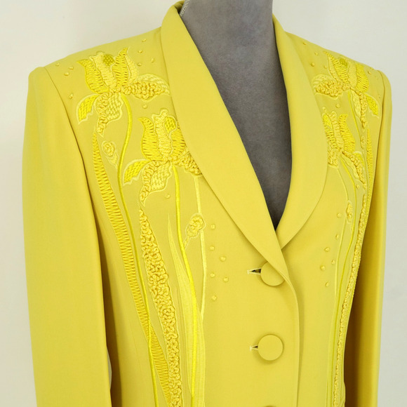 Louis Feraud Jacket Womens 8 Yellow Twill Lined Embroidery Detail Blazer Vintage - Picture 6 of 16